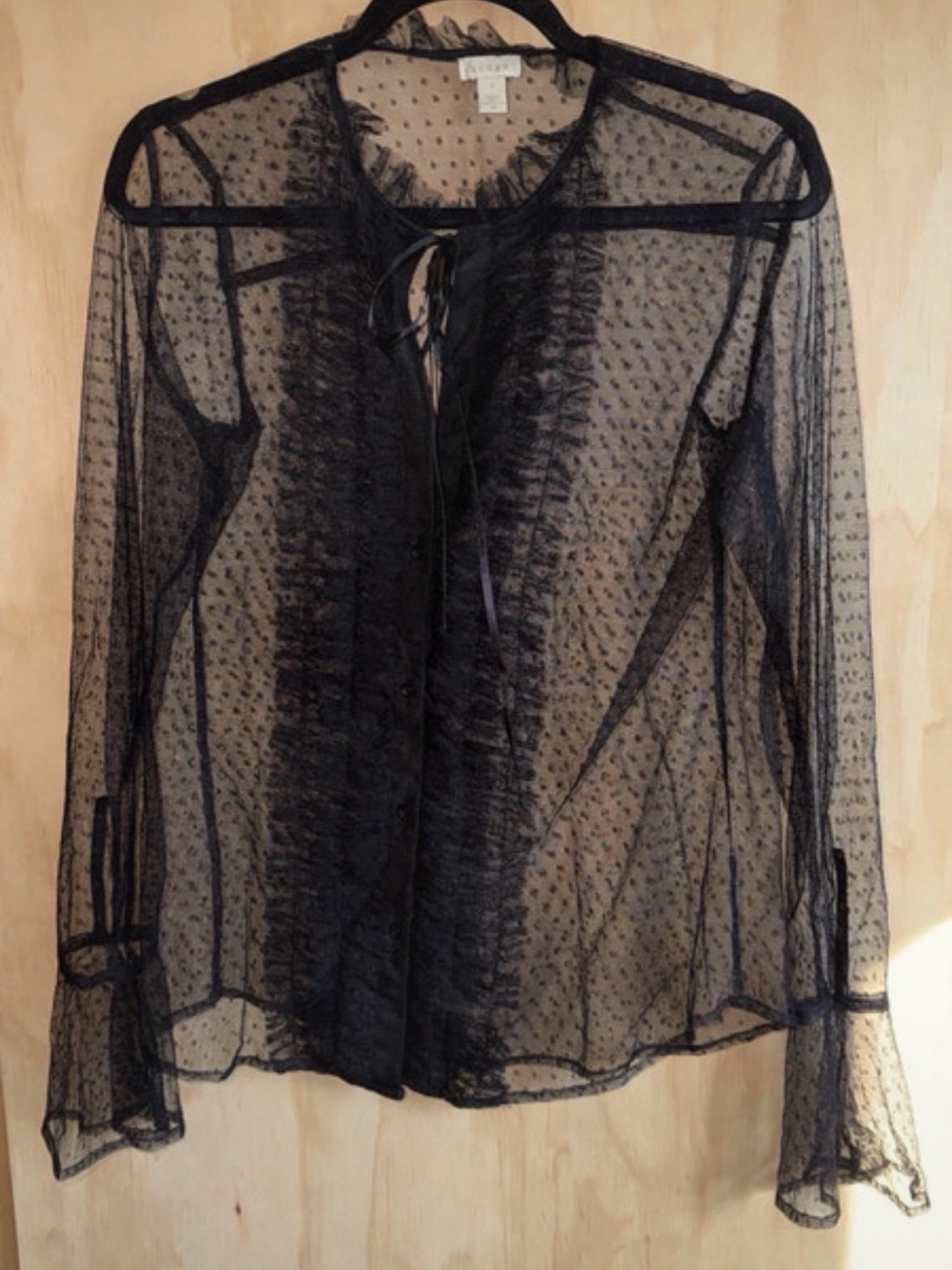Hinge Sheer Black Ruffle Tie-Neck Blouse